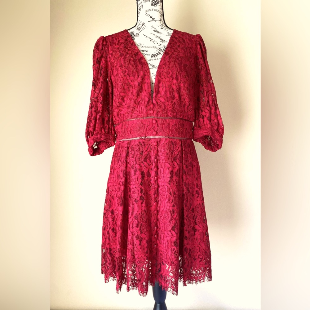 Pre-Loved BARDOT Kiri Crimson Lace 3/4 Sleeve Dress Org $129